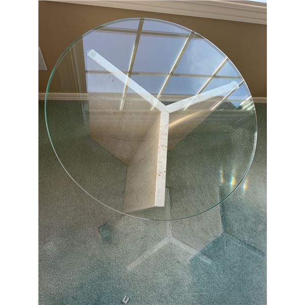 Round Glass Top Side Table with Travertine Stone Base, 18" Diameter and 20.5" Height
