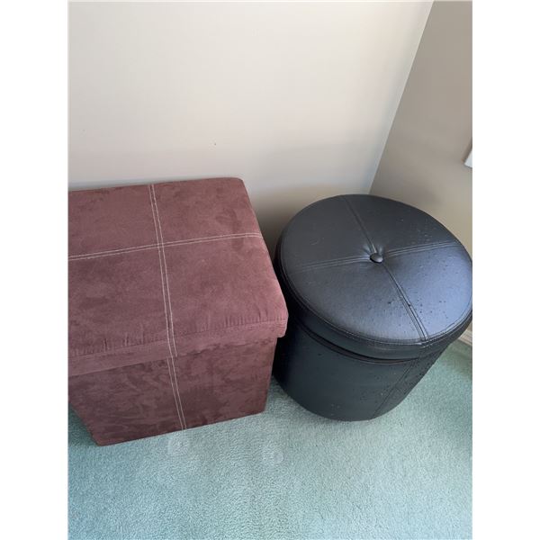 Square Fabric and Round Faux Leather Storage Ottomans, Brown and Black, Set of 2