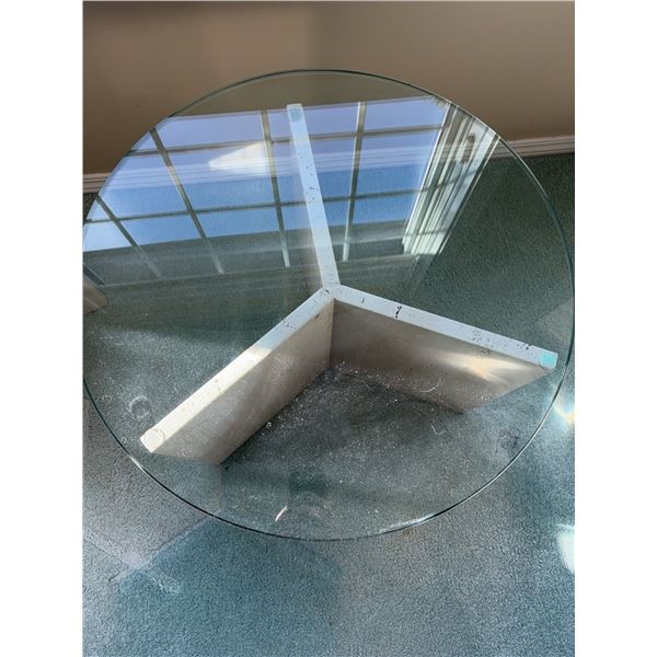 Round Glass Top Table with Travertine Stone Tri-Panel Base 24in Diameter 16in Height