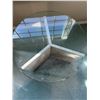 Image 1 : Round Glass Top Table with Travertine Stone Tri-Panel Base 24in Diameter 16in Height