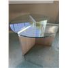 Image 2 : Round Glass Top Table with Travertine Stone Tri-Panel Base 24in Diameter 16in Height