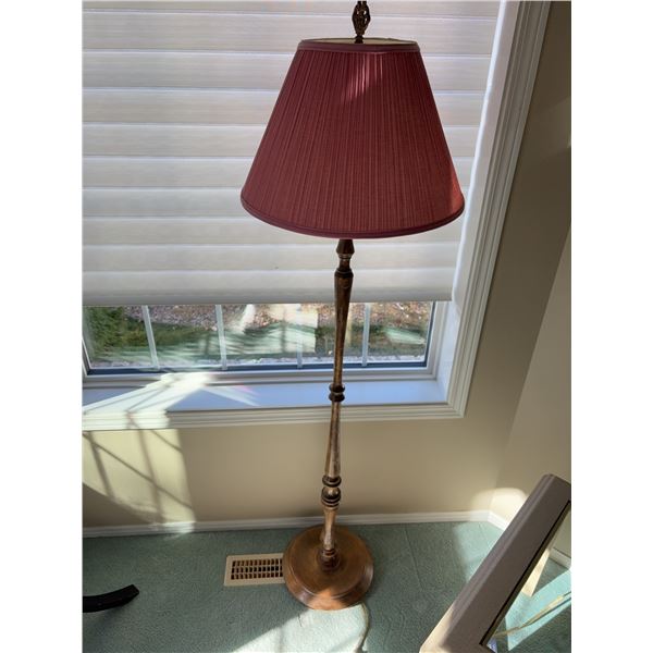 Wood Floor Lamp With Red Pleated Fabric Shade, 62 Inches High, Dual Socket
