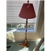 Image 1 : Wood Floor Lamp With Red Pleated Fabric Shade, 62 Inches High, Dual Socket