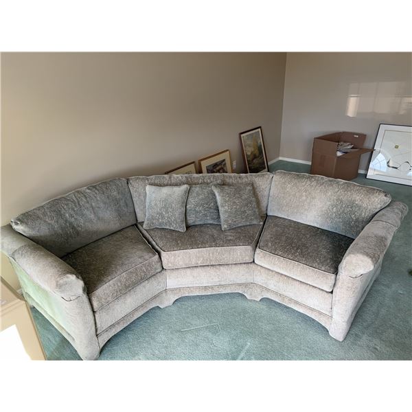 Three-Seat Curved Sectional Sofa With Pillows, Upholstered, 35" Deep, 26" High, 102" Wide