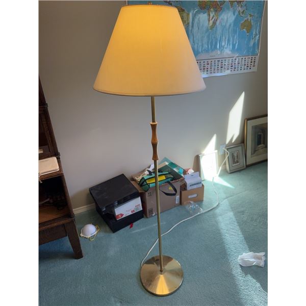 Brass and Wood Floor Lamp with White Shade, 57 Inch Height
