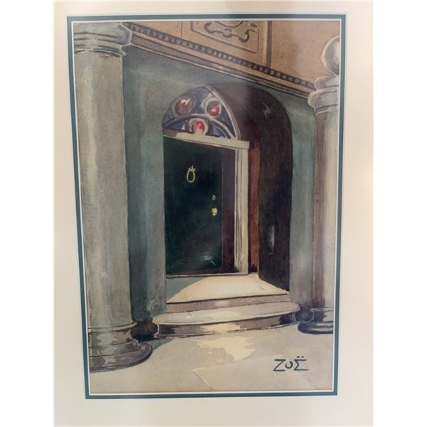 Framed Watercolour Painting by ZOE Showing Architectural Doorway Scene 24x27 Inches
