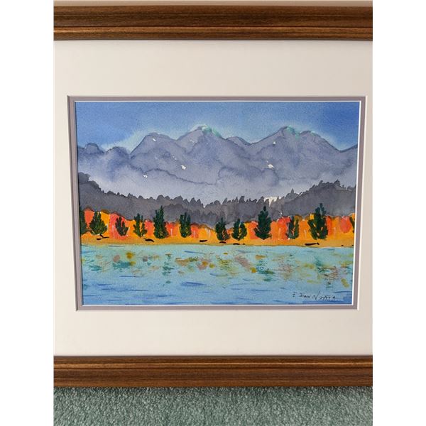 E. Joan North Framed Watercolour Landscape Painting Mountain and Lake Scene 12x9 in
