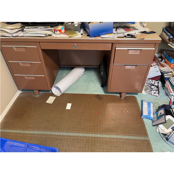 Brown Metal Solid Desk with Five Drawers, Laminate Top, and Accessories