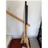 Image 1 : Yard Tool Lot: Two Push Brooms, Garage Broom, Two Snow Shovels, 67-Inch Handle