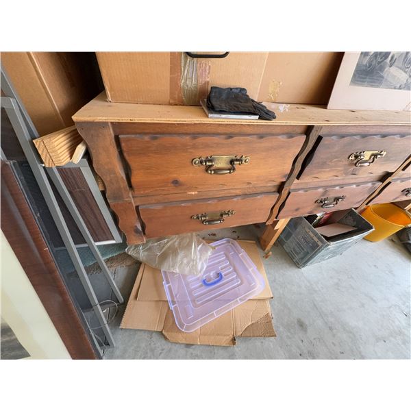 Garage Lot With Wooden Dresser, Metal Shelving, Mini Fridge, Storage Bins and All Contents