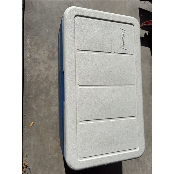 Coleman Cooler With Lid, Folding Blue Beach Chair, Green Striped Lawn Chair