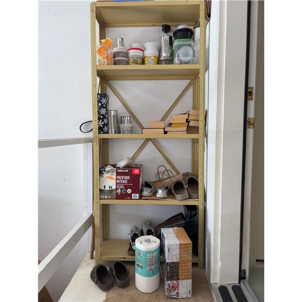 Metal Storage Rack with Contents Including Jars, Cups, Shoes, Books, Paper Towels, Boxes