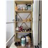 Image 1 : Metal Storage Rack with Contents Including Jars, Cups, Shoes, Books, Paper Towels, Boxes
