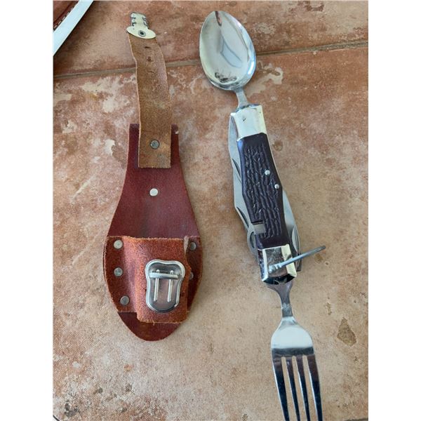 Foldable Multi-Tool Camping Utensil Set with Leather Sheath