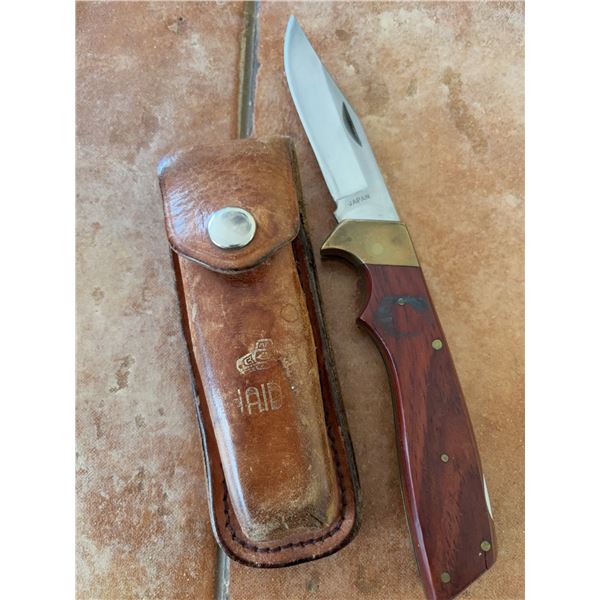 Hibben Knives Japan Folding Knife with Wood Handle and Leather Sheath