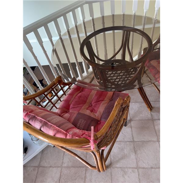 Rattan and Glass Dining Set With four Chairs and Cushions