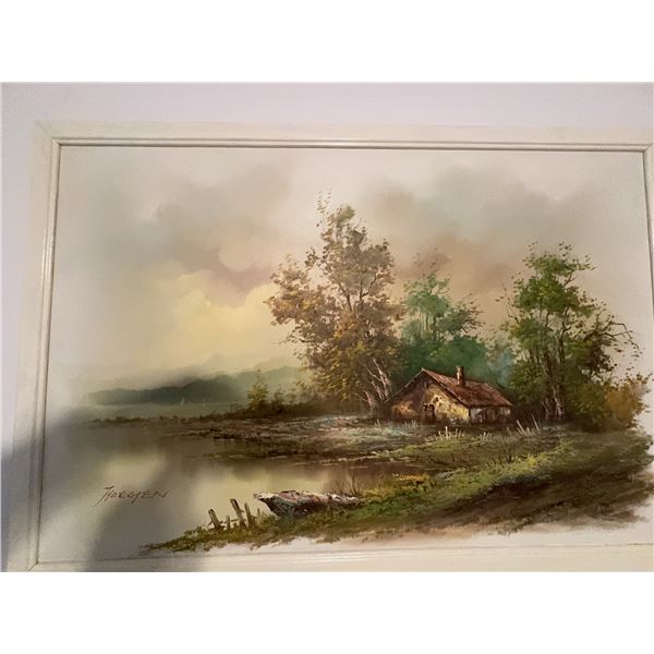 Signed Floegen Landscape Oil Painting of Cottage by Pond, Framed, 69x49 cm