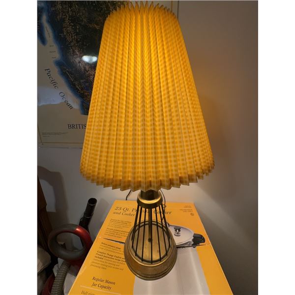 Mid-Century Brass and Black Metal Table Lamp with Pleated Fabric Shade