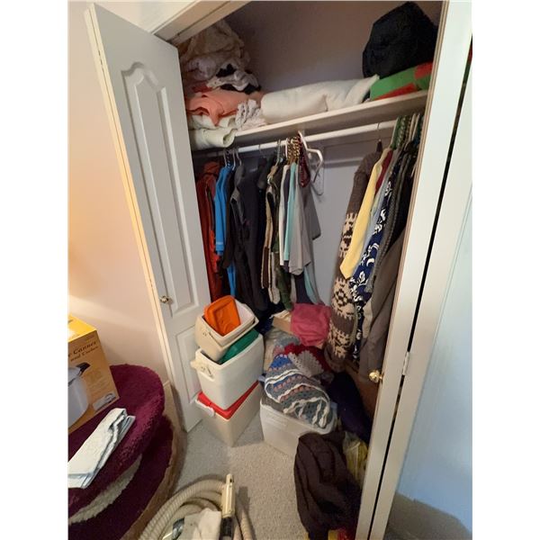 Closet Lot With Assorted Outerwear, Sweaters, Coolers, Vacuum, Blankets