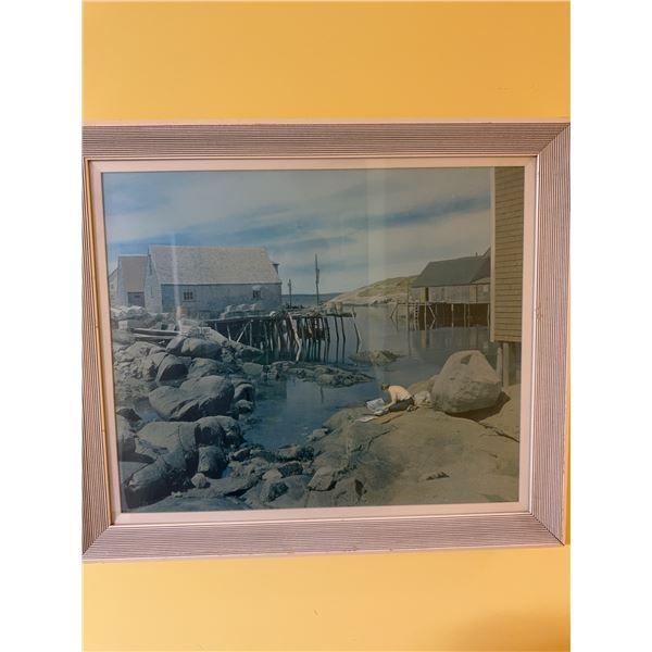 Framed Coastal Village Colour Photograph with Buildings and Child on Rocks