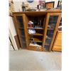 Image 1 : Oak Cabinet with Glass Doors and Contents Including Light Bulbs and Batteries