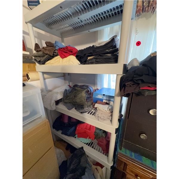 Plastic Shelving Unit With Assorted Clothing and Contents Included