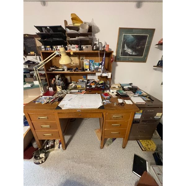 Wooden Desk with Multiple Drawers and Metal Filing Cabinet