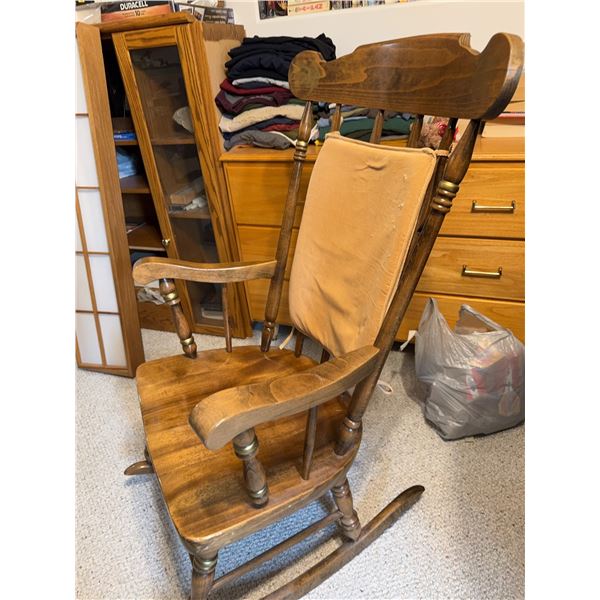 Wooden Rocking Chair With Turned Spindles, Gold Detailing, Cushion Backrest