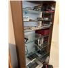 Image 14 : Wood and Glass Shelf Unit With DVDs, Remote Controls, Plush Tiger, and Decor Items