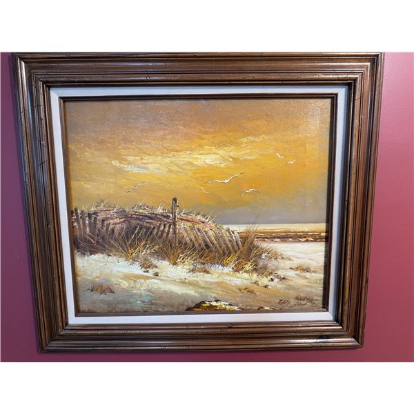 Eddy Ford Signed Seascape Painting with Dune Fence and Birds, Framed
