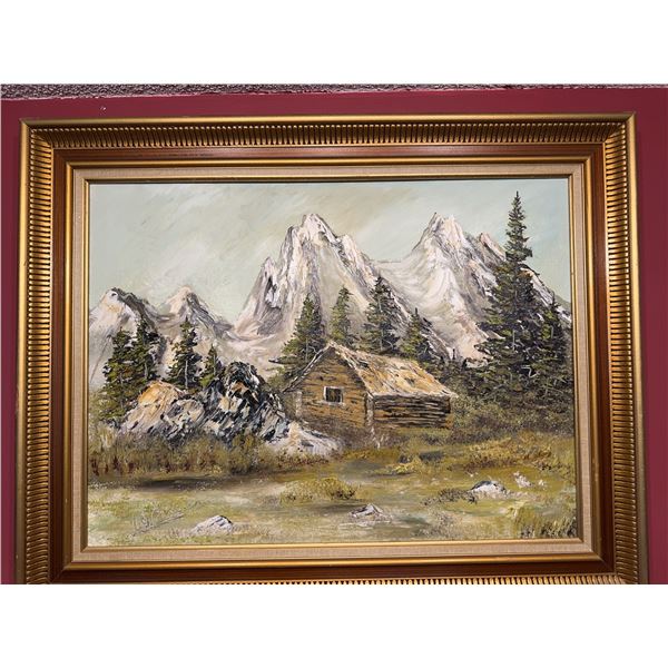 Signed Landscape Oil Painting of Mountain Cabin, Framed, 67 x 57 cm