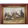 Image 1 : Signed Landscape Oil Painting of Mountain Cabin, Framed, 67 x 57 cm