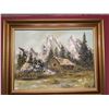 Image 2 : Signed Landscape Oil Painting of Mountain Cabin, Framed, 67 x 57 cm