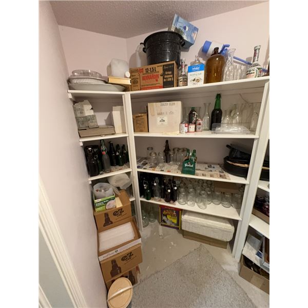 Home Canning Jars, Bottles, Lids and Homebrew Supplies on White Shelving