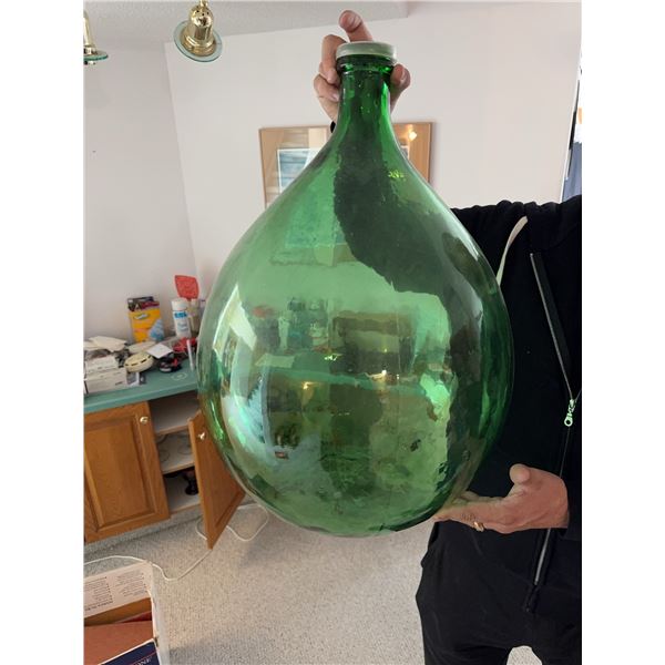Large Green Glass Demijohn Bottle with Stopper and Wicker Basket