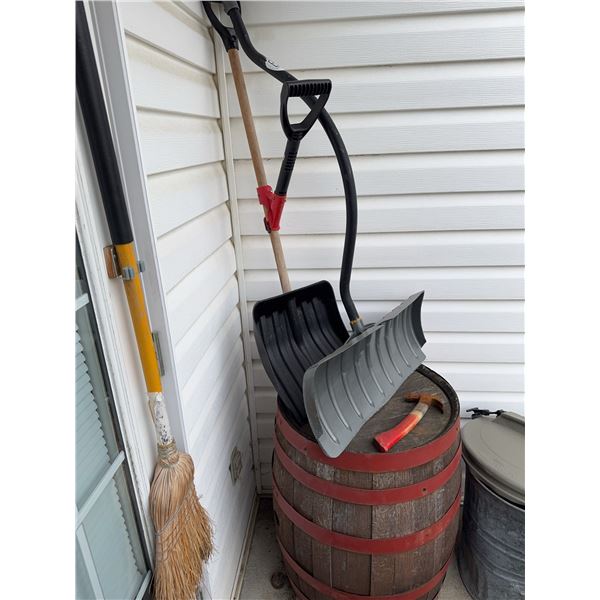 2 Snow Shovels, Push Broom, and Axe with Wooden Barrel