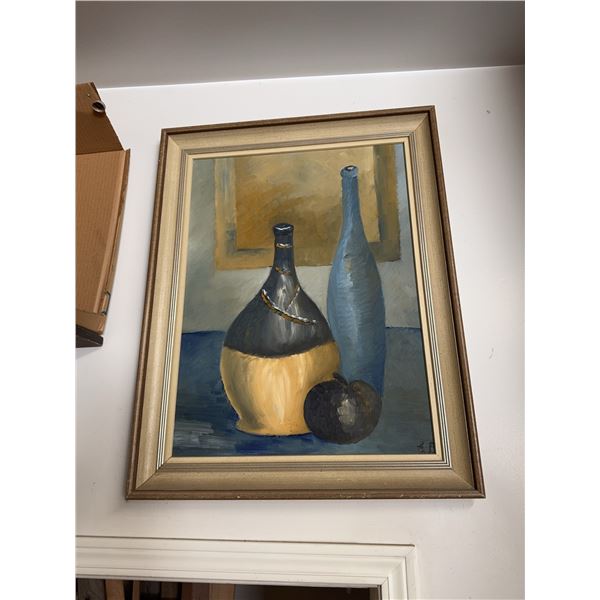 Framed Still Life Painting With Bottles and Fruit, 84 cm x 54 cm