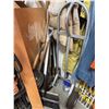 Image 1 : Metal Dolly and Assorted Hand Tools Including Shovel, Rake, Brooms, and Garden Tools