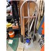 Image 2 : Metal Dolly and Assorted Hand Tools Including Shovel, Rake, Brooms, and Garden Tools