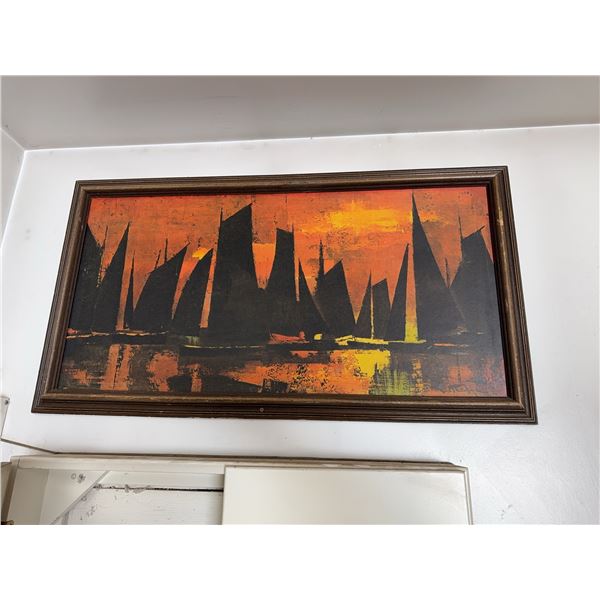 Framed Abstract Sailing Boat Painting on Canvas with Vibrant Orange and Yellow Background