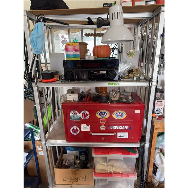 Rogers Bros Metal Garage Shelf Unit With Equipment And Lamp, Tool Box Not Included