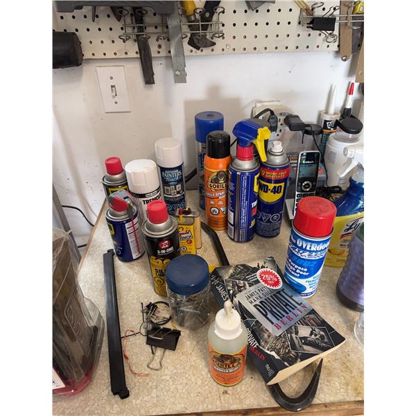 Garage Lot With Assorted Hand Tools, Hardware, Spray Lubricants, and Adhesives