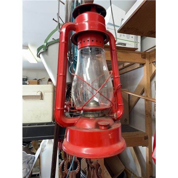 Red Metal Hurricane Lantern with Glass Globe and Carry Handle