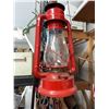 Image 1 : Red Metal Hurricane Lantern with Glass Globe and Carry Handle