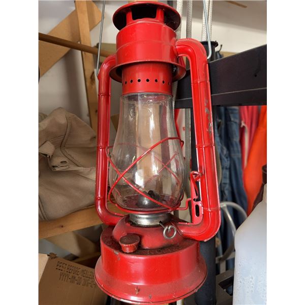 Red Metal Kerosene Lantern with Glass Globe and Handle