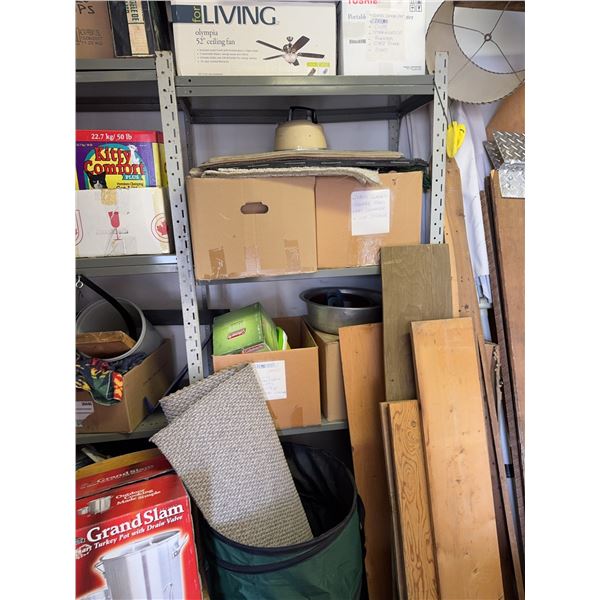 Two Metal Storage Racks With All Contents Included: Boxes, Wood Planks, Household Items