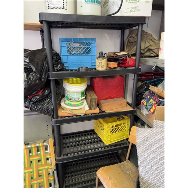 Five-Tier Black Plastic Shelving Unit with Assorted Containers and Hardware