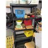 Image 1 : Five-Tier Black Plastic Shelving Unit with Assorted Containers and Hardware