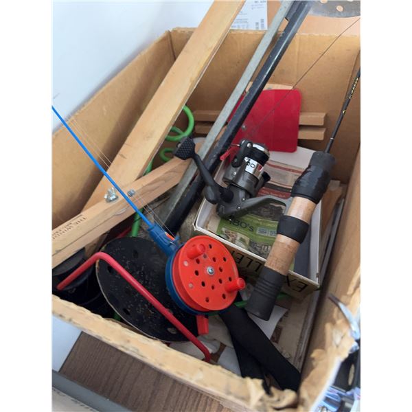 Box Lot Fishing Rods, Reels, Ice Scoop, Vintage Scale, Green Rope, Assorted Items