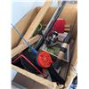 Image 1 : Box Lot Fishing Rods, Reels, Ice Scoop, Vintage Scale, Green Rope, Assorted Items
